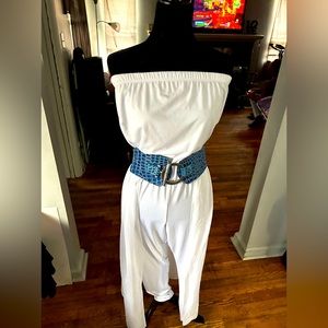 All white jumpsuit with sheer skirt attached